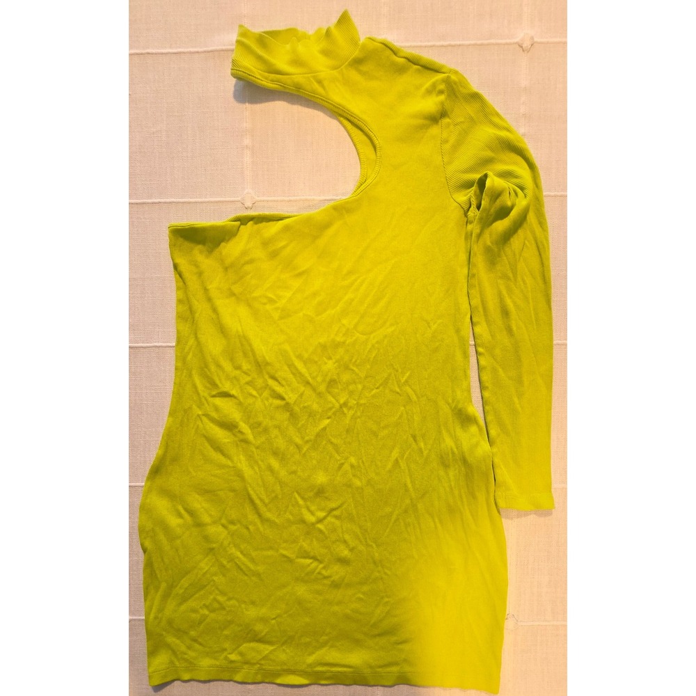 H&M Divided Neon Lime Green One Shoulder Cutout Ribbed Bodycon Dress Large